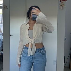 White fox Cream Ribbed Tie-Front Blouse